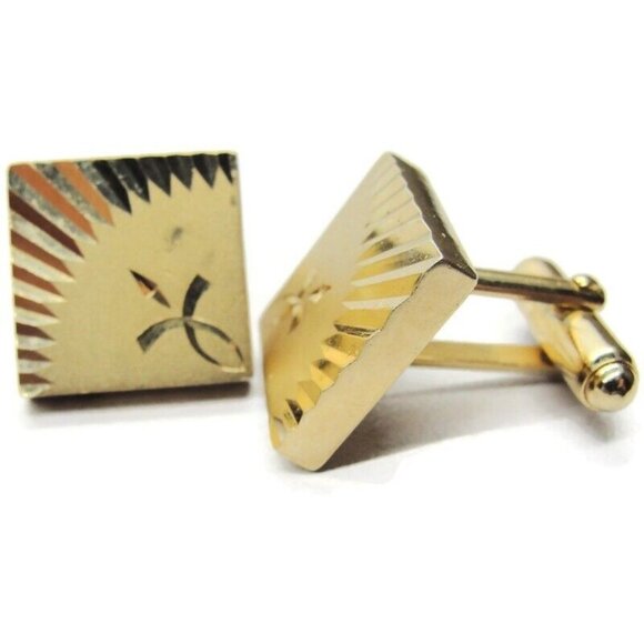 Anson Gold Tone Diamond Cut Sun Burst Edge Design Cufflinks Tux Vintage - Picture 1 of 6